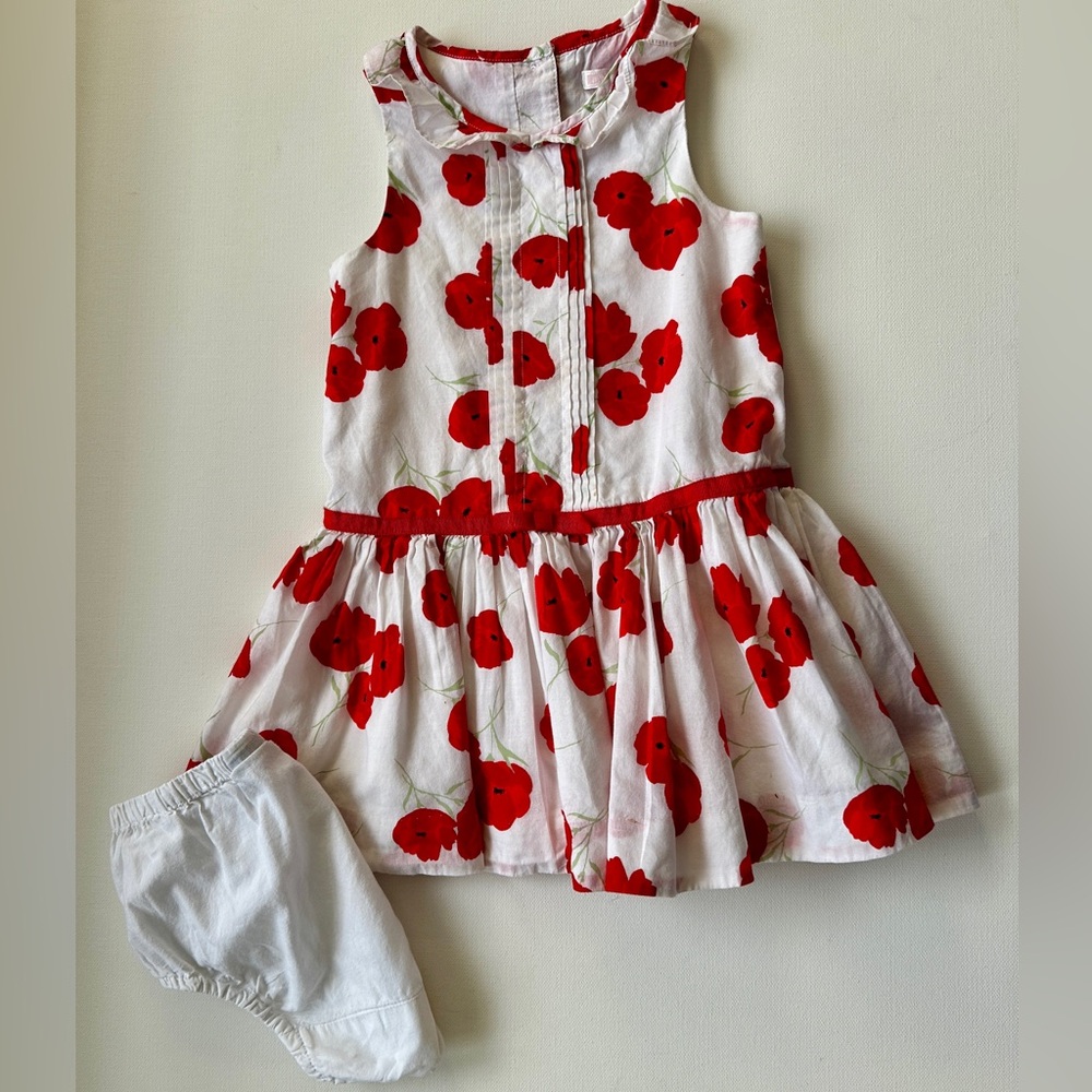 Janie & Jack girl’s red Poppy Print, Ruffle Dress & bloomer.  Size 18-24M.